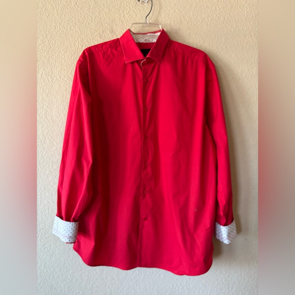 Linea‎ Uomo Long Sleeve Red Button Down with Contrast Polka Dot trim XL